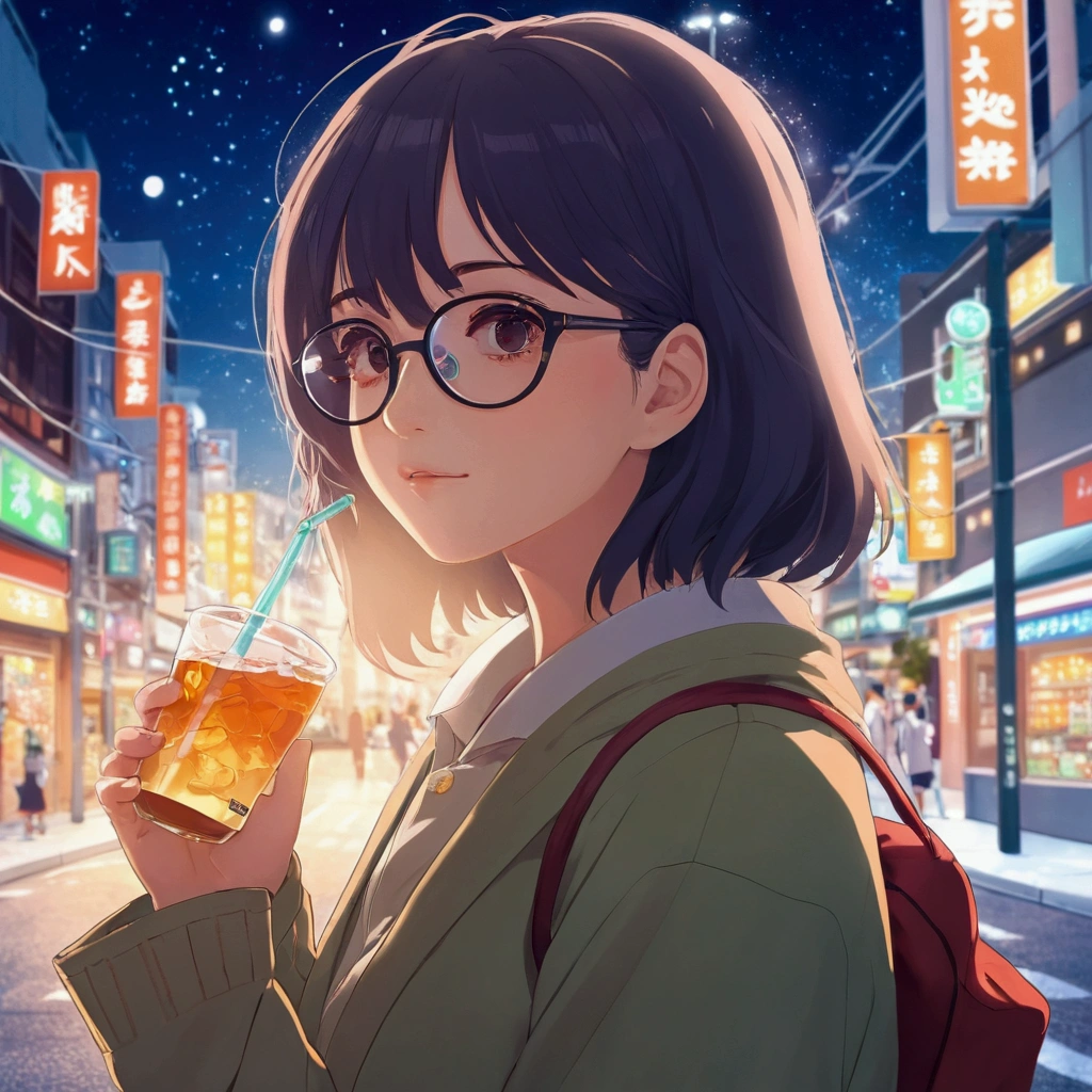 Anime girl with glasses having a drink on a city street, Portrait of Rofi, LOFI Girl, Anime Moe Art Style, Cute girl anime visuals, Lofi Artstyle, Anime Style 4k, Gweiz-style artwork, Anime girl drinking energy drink, Lofi Art, Digital anime illustration, Atei Gailan 8K