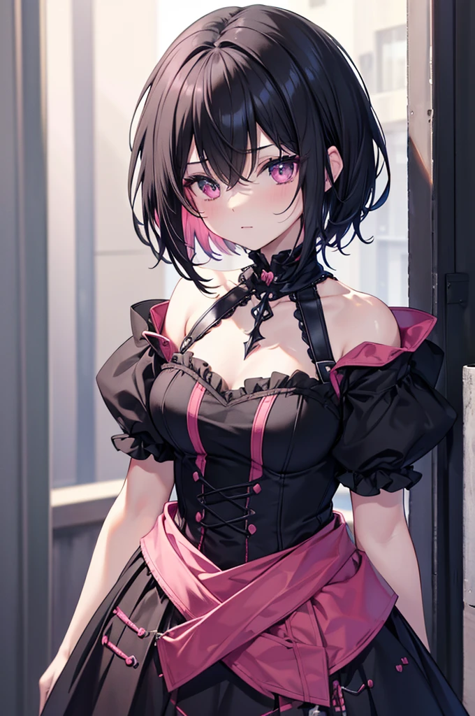 black hair, pink clothes, girl, solo, adult, gothic, (((short hair))), quality\(8k,wallpaper of extremely detailed CG unit, ​masterpiece,hight resolution,top-quality,top-quality real texture skin,hyper realisitic,increase the resolution,RAW photos,best qualtiy,highly detailed
