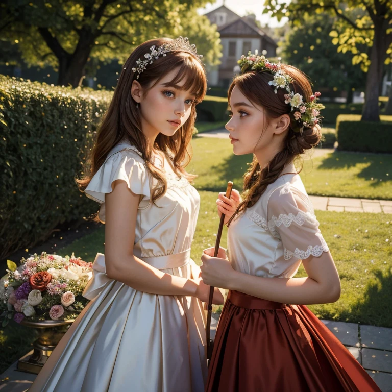 (masterpiece, best quality:1.5), highest quality, High resolution, super detailed, Realists, Upper body photo of a red-haired flower girl, detailed and beautiful eyes, beautiful detailed lips, very detailed eyes and face, longeyelashes, Young girl in a red skirt and white top made of shiny brown satin fabric, Beautiful and colorful makeup, elegant and noble々Pose,shiny satin headband, grind, Holding flowers, Gardens as background, soft daylight, bright colors, fine brushstrokes, Portrait style, Noble details in the dress fabric, beautiful color palette, glowing skin, First-class rendering, that captures every detail, enchanting atmosphere, subtle shadows and lights, (perfect anatomy:1.2), (The two stunning flower girls hold a long silver stick with a bow. Exchange glances. (magnificent panorama view:1.2)