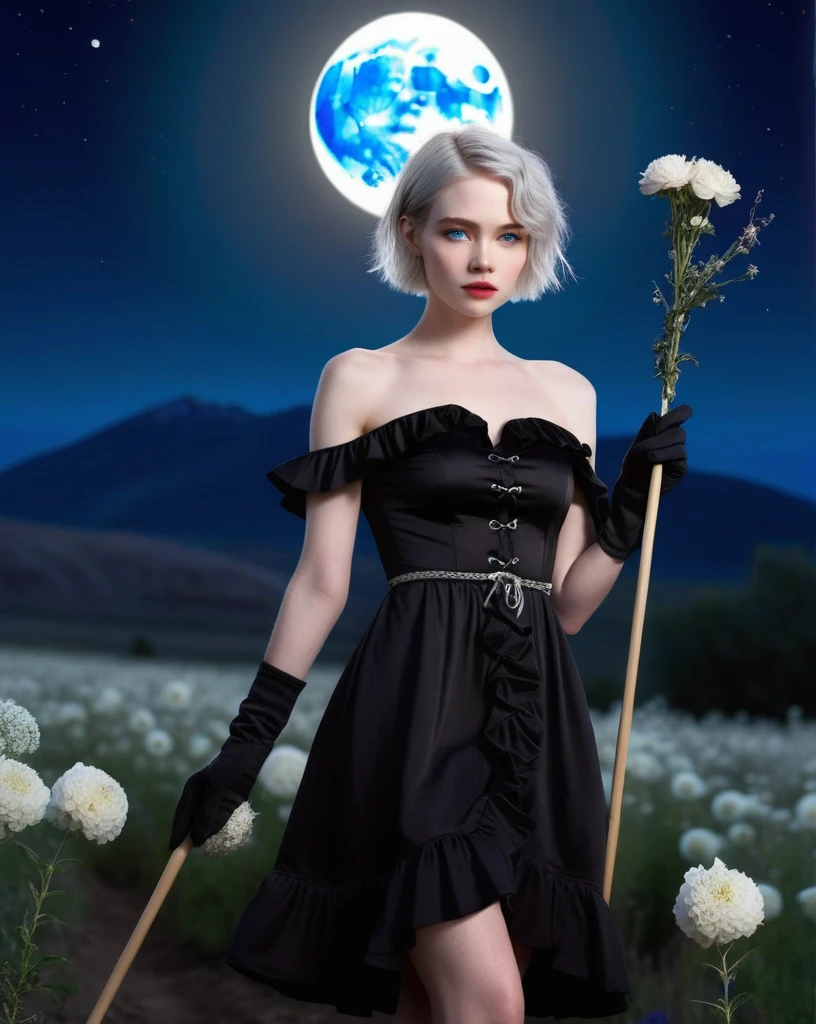 1girl, cowboy shot, standing, short hair, silver hair, blue eyes, pale skin, black dress, frilled dress, strapless dress, black elbow gloves, collarbone, bare shoulders, holding staff, orbstaff, nature, flower field, mountain, full moon, moonlight, night, night sky