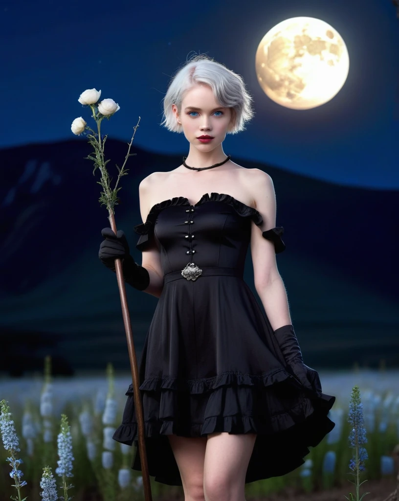 1girl, cowboy shot, standing, short hair, silver hair, blue eyes, pale skin, black dress, frilled dress, strapless dress, black elbow gloves, collarbone, bare shoulders, holding staff, orbstaff, nature, flower field, mountain, full moon, moonlight, night, night sky