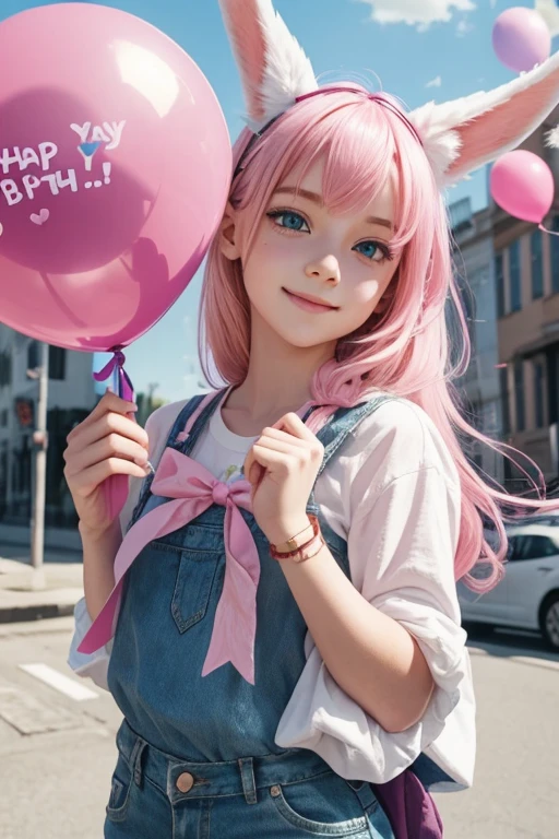 Girl with pink hair, A boy with blue eyes and bunny ears is happy holding a balloon, happy birthday , ribbon with the inscription happy birthday
