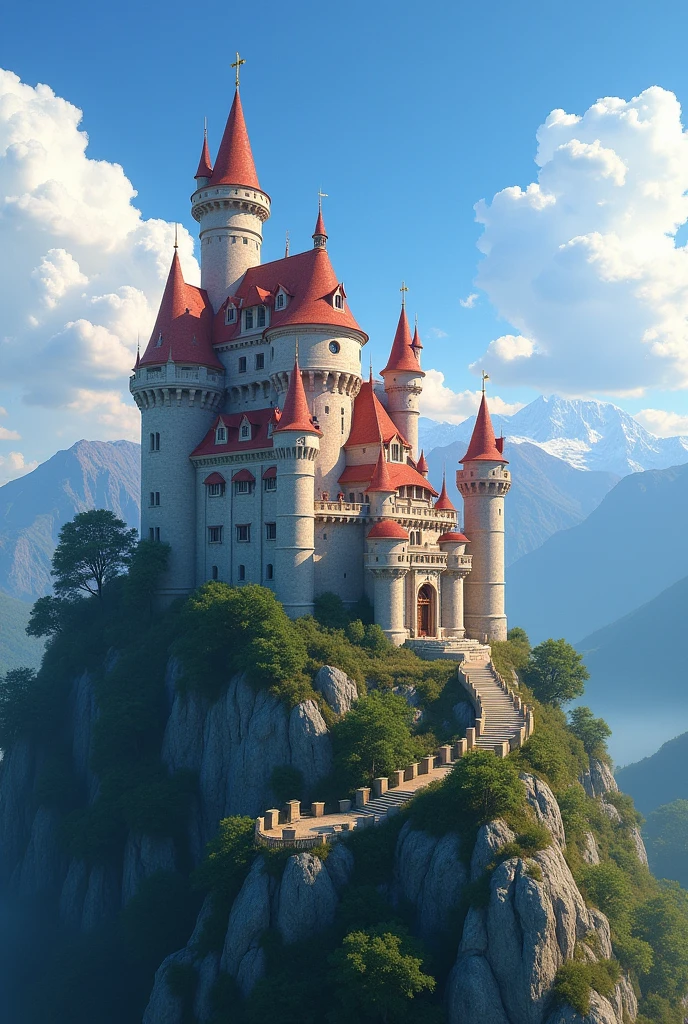 A castle from a 19th century Disney Pixar style kingdom, on top of a mountain.