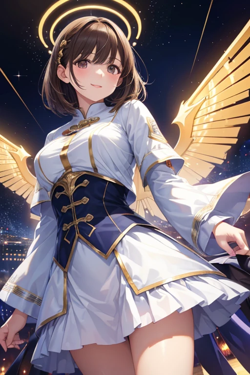anegasaki nene、Shiny brown hair, short hair, (Beautiful brown eyes、Sparkling eyes, Fine grain)、smile、超detailedな目、非常にdetailedな顔, 非常にdetailedな目,Cowboy Shot、
(Highest quality, masterpiece, colorful, Dynamic Angle, From below, highest detailed)Upper body photo, Full body photo, Cute Mechengel fashion photo, Four glowing wings, alone, Luminous armor, Glowing halo, building, Four glowing mechanical wings (複雑なdetailed, hyperdetailed:1.15), detailed, Light passing through hair, (Official Art, extreme detailed, highest detailed), High resolution+