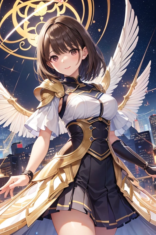 anegasaki nene、Shiny brown hair, short hair, (Beautiful brown eyes、Sparkling eyes, Fine grain)、smile、超detailedな目、非常にdetailedな顔, 非常にdetailedな目,Cowboy Shot、
(Highest quality, masterpiece, colorful, Dynamic Angle, From below, highest detailed)Upper body photo, Full body photo, Cute Mechengel fashion photo, Four glowing wings, alone, Luminous armor, Glowing halo, building, Four glowing mechanical wings (複雑なdetailed, hyperdetailed:1.15), detailed, Light passing through hair, (Official Art, extreme detailed, highest detailed), High resolution+