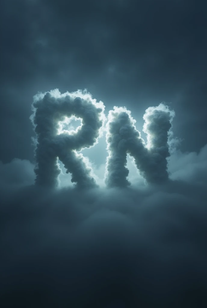 In the center of the image (1200 x 628 pixels), Large initials 'RN' are formed from fluffy clouds, The scene is shrouded in a thick night fog that creates a mysterious and dreamlike atmosphere.. The fog gently envelops the cloud letters, intensifying the surreal feeling of the image. The color palette is nocturnal, with shades of grey, dark blue and black, which adds a sense of tranquility and a spooky night atmosphere.