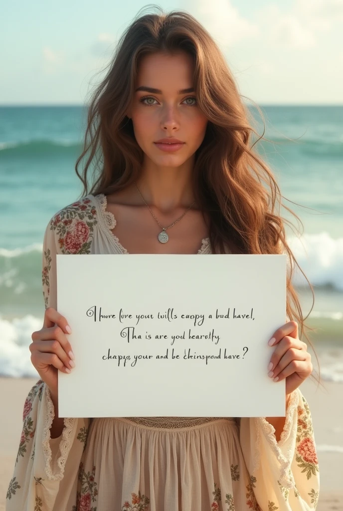 Beautiful girl with wavy long hair, bohemian dress, holding a white board with text "I Love Seaart Infinity" and showing it to the viewer