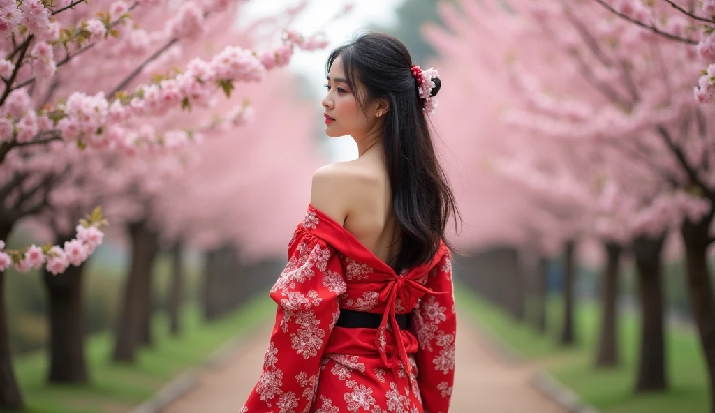 beautiful japanese woman with big breasts in revealing red kimono sakura garden bare legs off shoulders stands in the distance