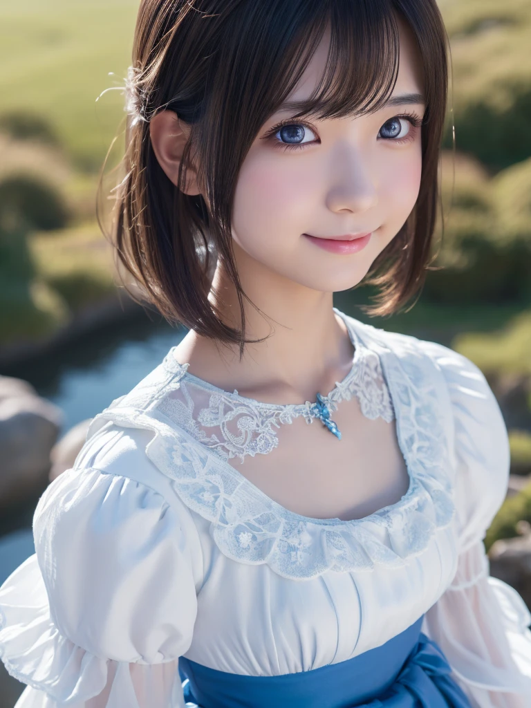head shot,beautiful detailed eyes, droppy eyes,beautiful detailed lips, extremely detailed eyes and face, long eyelashes, 1japanese girl, fantasy character, (Final Fantasy, yuuna),smile,short hair,elegant white dress,break, blue long skirt,break,magical girl, highly detailed, fantasy landscape, dramatic lighting, glowing effects, mist, intricate details, volumetric lighting, cinematic composition, hyper realistic, 8k, best quality, masterpiece, photorealistic,Highres fix