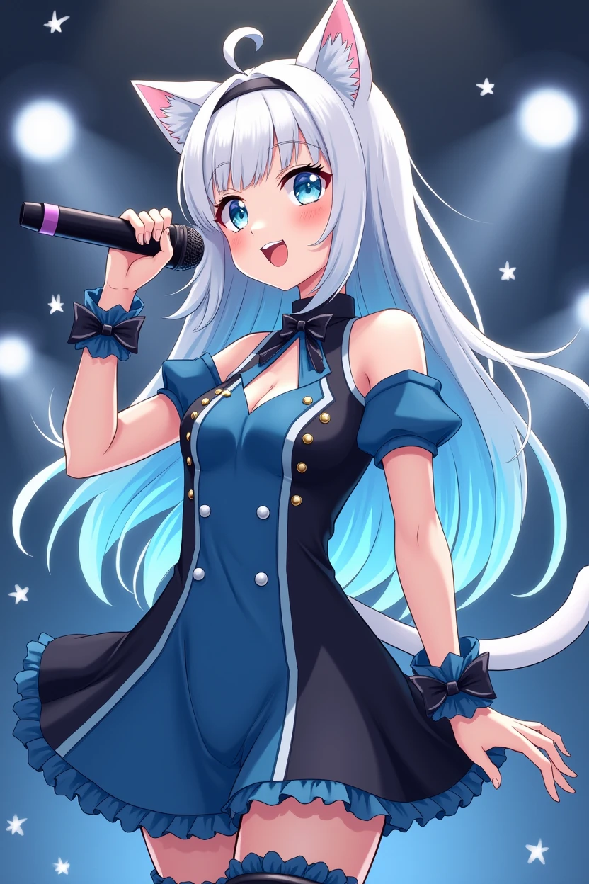 a drawing of a magical girl with anime aesthetics who is an idol with long white hair and cat ears and tail, wearing a short skirt and with a microphone in her hand singing, The dress is very striking and colorful in blue and black tones, with white ears and tail, and the hair has soft light blue highlights, In the background there are lights and sparkles as if I were at a concert
