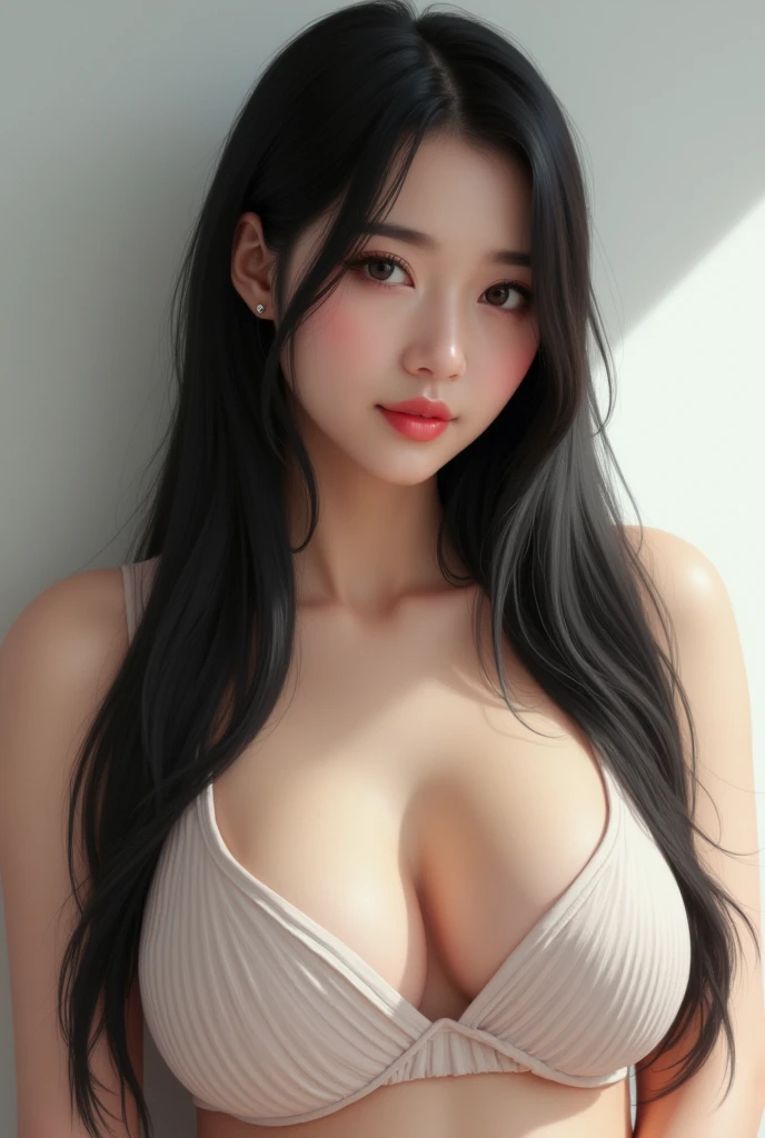 Korean girl, 20 years old, black hair, very long hair, straight hair, closed mouth, naked, plummpy, looking at viewer