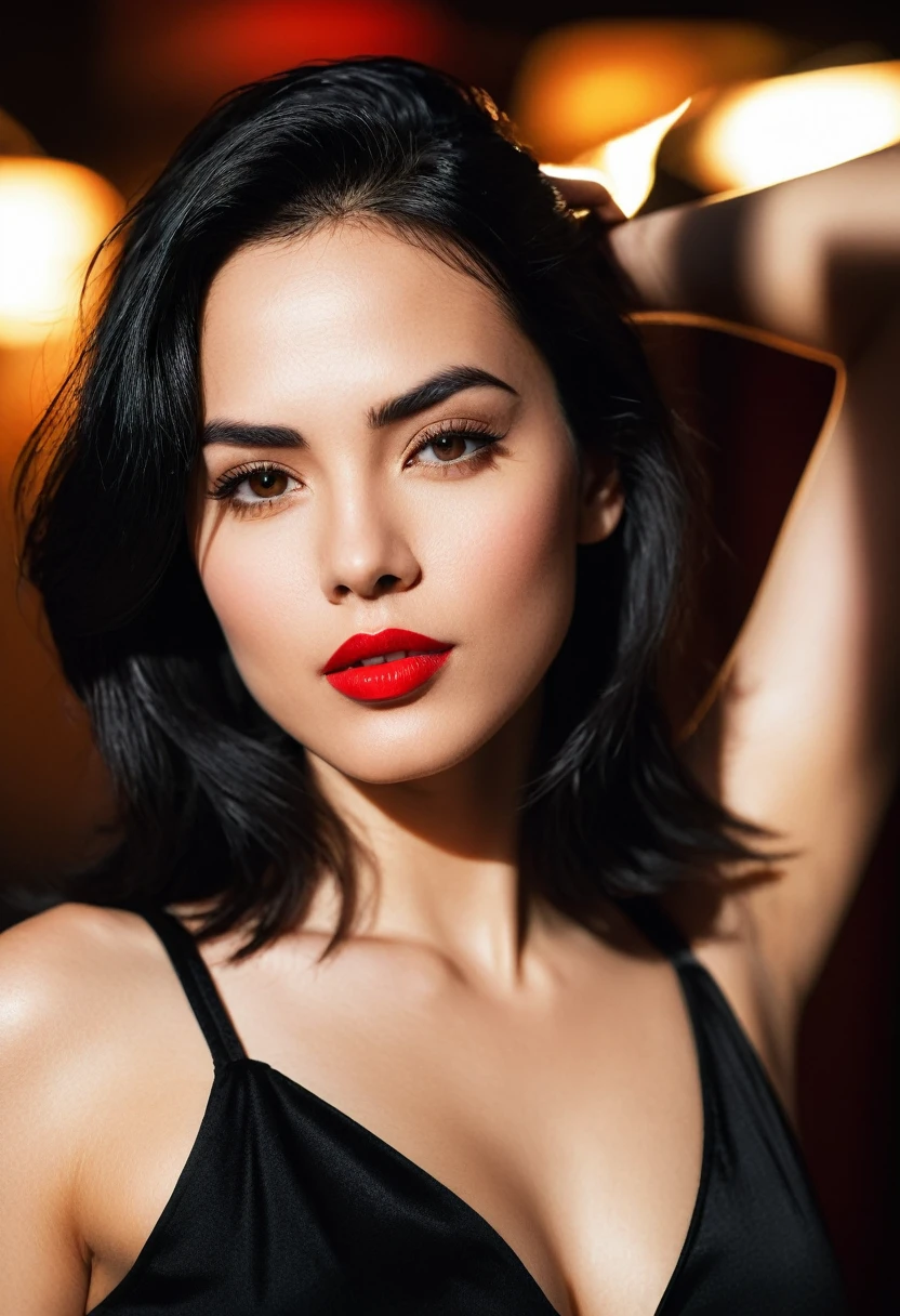 Half-body Portrait of a very beautiful woman with shoulder-length black hair, glossy red lipstick, and expressive dark eyebrows. Perfect Face and posture. She's wearing a black top and has one arm raised above her head. The woman has an intense gaze directly at the camera. Dynamic Pose:1.4, Indoor setting with soft lighting. High-quality, detailed photograph with a warm, intimate atmosphere.", long exposure, cinematic lightings , golden hour, vibrant color grading, close-up portrait, precise body anatomy, perfect body proportions, perfect face details.