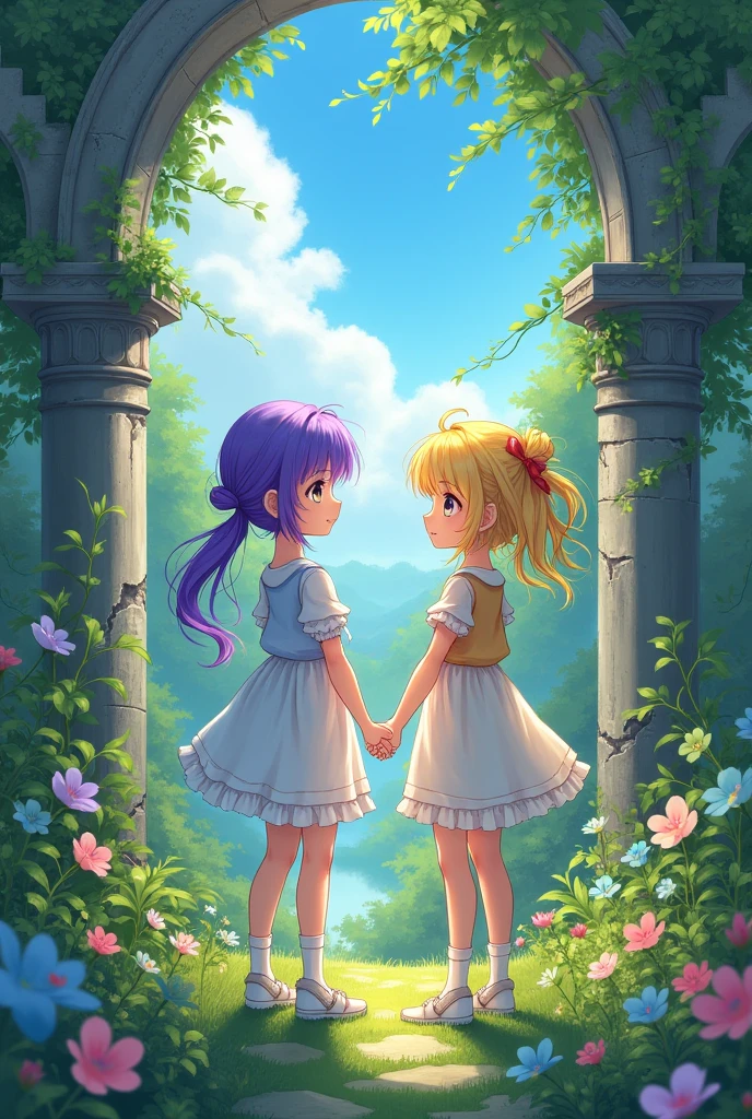 *A woman with purple hair and yellow eyes, she is holding the hand of another woman, who has yellow hair and purple eyes, they are both standing in a garden, ruinene, cute, anime*