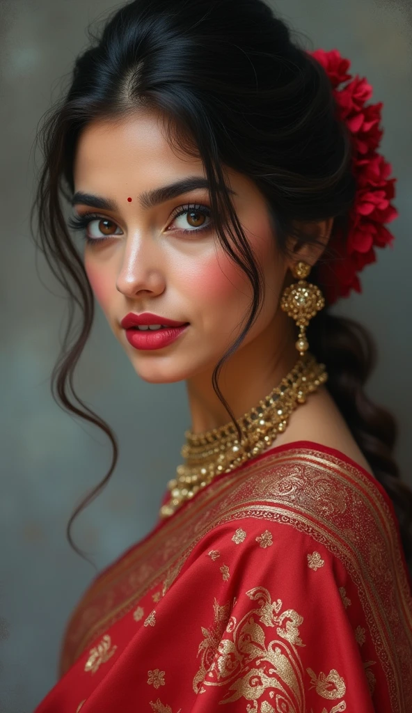 perfect pink eyes, fantastic face, Indian, beautiful look, ((red lips, bright eyes, curve heir 1.5)), ((beautiful details very big breast )), (Straight round and ultra huge clevage, not sagging breast), A glorious gorgeous, glorious gorgeous face, pretty face, bright eyes, detailed elegant printed red saree, updo elegant hair, blurred gray tones background, ultra focus, face ilumined, face detailed, 8k resolution, painted, dry brush, brush strokes, razumov style and garmash style, by Tokaito, ((Full Open ))