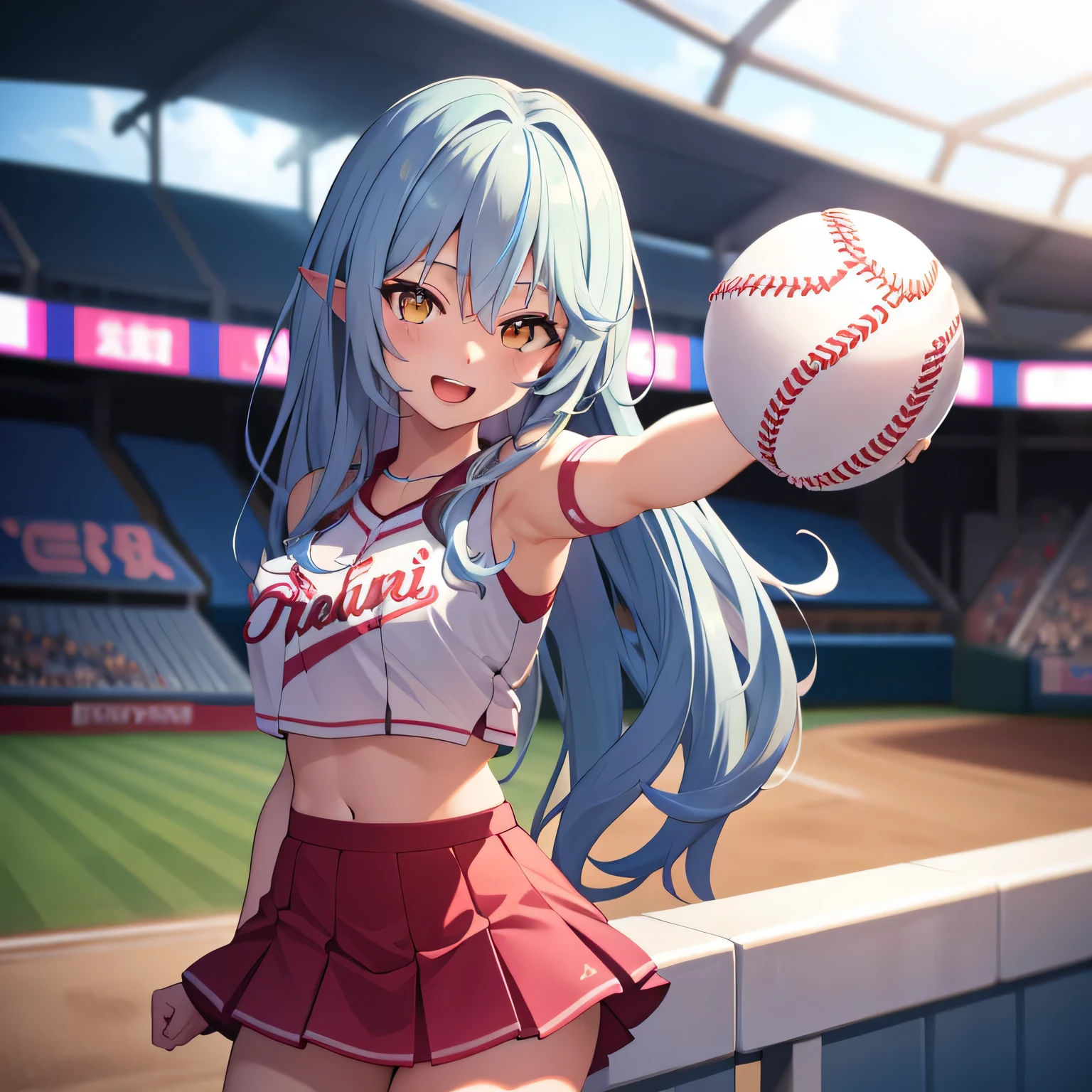 masterpiece, best quality, 1girl, solo, blush, yukihana lamy, long hair, hair between eyes, ((baseball cheerleader clothes)), smiling, open mouth, baseball stadium, outdoors, daylight, extremely detailed 8K, smooth, high resolution, ultra quality, cinematic lighting, ambient occlusion, hd, 2k, 4k, 8k, 16k, extremely detailed anime, detailed faces, perfect composition, wide shot, atmospheric lighting, 