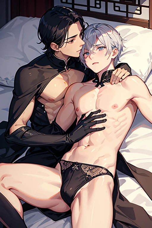 (Situation)Two men, mutual love, young men, BL, homosexual, lying on a bed, looking at each other and kissing, night but in a brightly lit room, Chinese style
(Common appearance) A man dressed as a woman, a slender man, Chinese-style sexy lingerie with see-through fabric, a Chinese dress with see-through fabric, cross-dressing, elbow-length gloves with see-through fabric, see-through socks, nipples showing through thin fabric, pectoral muscles, penis visible, erect penis
(1st person) A boy around , black hair, purple eyes, ecstatic expression, shyness, feeling good, chest muscles, rubbing chest
(Second Person) A man in his 20s with silver hair and green eyes, an ecstatic expression, embarrassed, and feeling good. He is lying on the bed with his legs spread and touching his crotch.