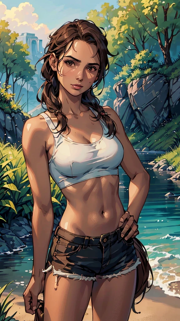 (Best Quality:1.4),masterpiece,ultra detailed,delicate features,delicate skin,Realism,beautiful lighting,cowboy shot,1 girl,Brown hair, Horse tail,Brown eyes,puppet, big , by the wide,tanned skin, broken pink top, ripped shorts, wilderness, lara croft