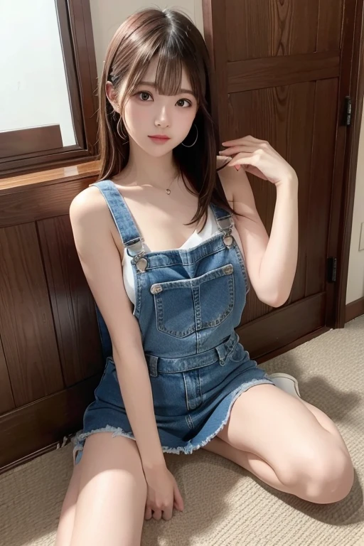 denim、Overalls、Pink Tank Top、Off the shoulder、Miniskirt、The shoulders are visible、Sitting、Young Japanese Woman、With legs apart、Raising knees、大きい胸、Eカップ