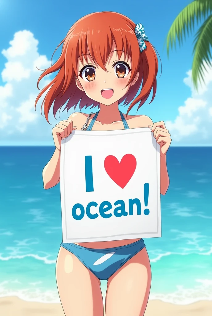 A poster with the words "I ♡ ocean!". a beautiful bimbo holding the poster, Misaka Mikoto, The background is the beach, School Swimsuit