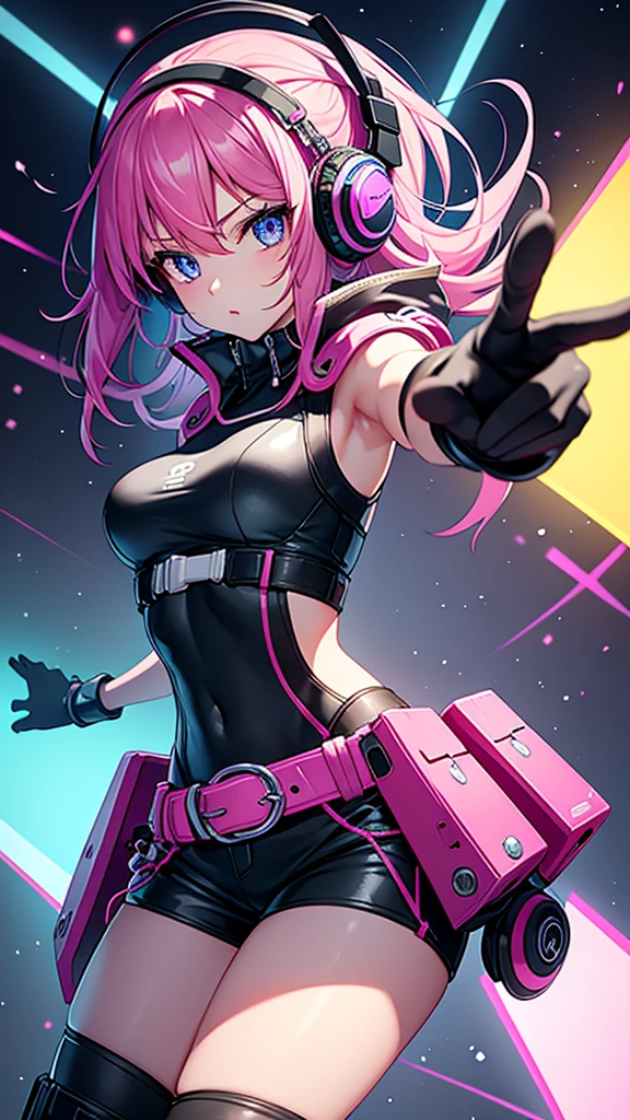 Create a sketch of a female anime adult character in a T-pose in a gamer style. The character is a young girl with long, bright hair, perhaps purple or pink in color. The eyes are large and expressive, with bright irises, for example, blue or green. Dressed in a stylish gaming outfit: a short top with technological elements, tight shorts or a mini skirt, and high boots. Complete the image with accessories in the form of headphones with a microphone, gloves with neon inserts and, possibly, a game controller hanging from a belt. The overall style of clothing and accessories should resemble cyberpunk or futuristic style. The character is in a T-pose with arms and legs spread apart at shoulder width, ready for subsequent animation.