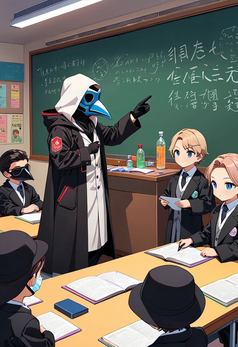 (masterpiece, best quality:1.1), (ultra highres, ultra-detailed:1.2),pop-art,flatcolor,one chibi-boy,at podium teaching a class,(male Mad-scientist,short hight),(wearing plague-doctor costume,white beak-mask),eyes glow blue,black hood,black lab-coat, mecha arm, BREAK japanese classroom,chalkboard,absurdity, extraordinary,dynamic angle,