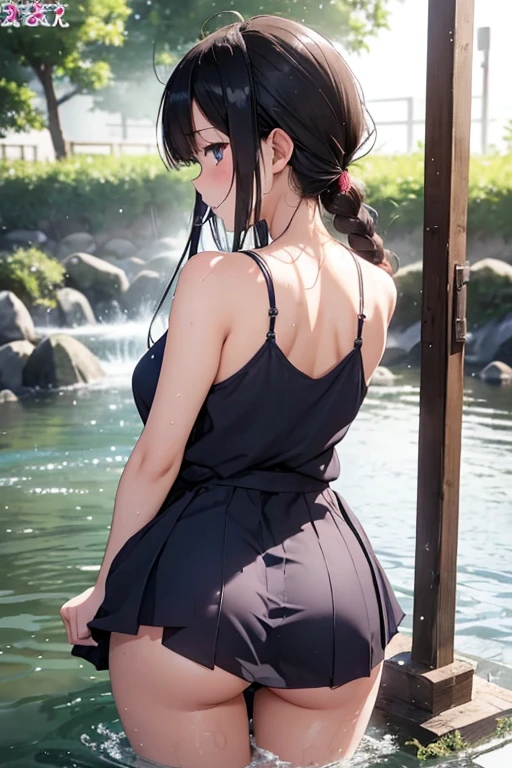 3D anime Japanese schoolgirl 18 years old braided hair cute camisole and panties round ass seen from behind flushed cheeks、Thighs, steamy private parts, playing in the water in the Kamo River, wet limbs, holding a fan to her mouth