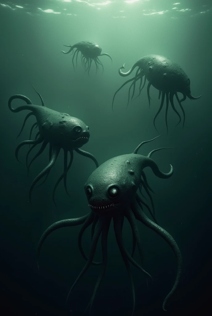 A creepy sea creatures swimming under the water
View the sea from above 
