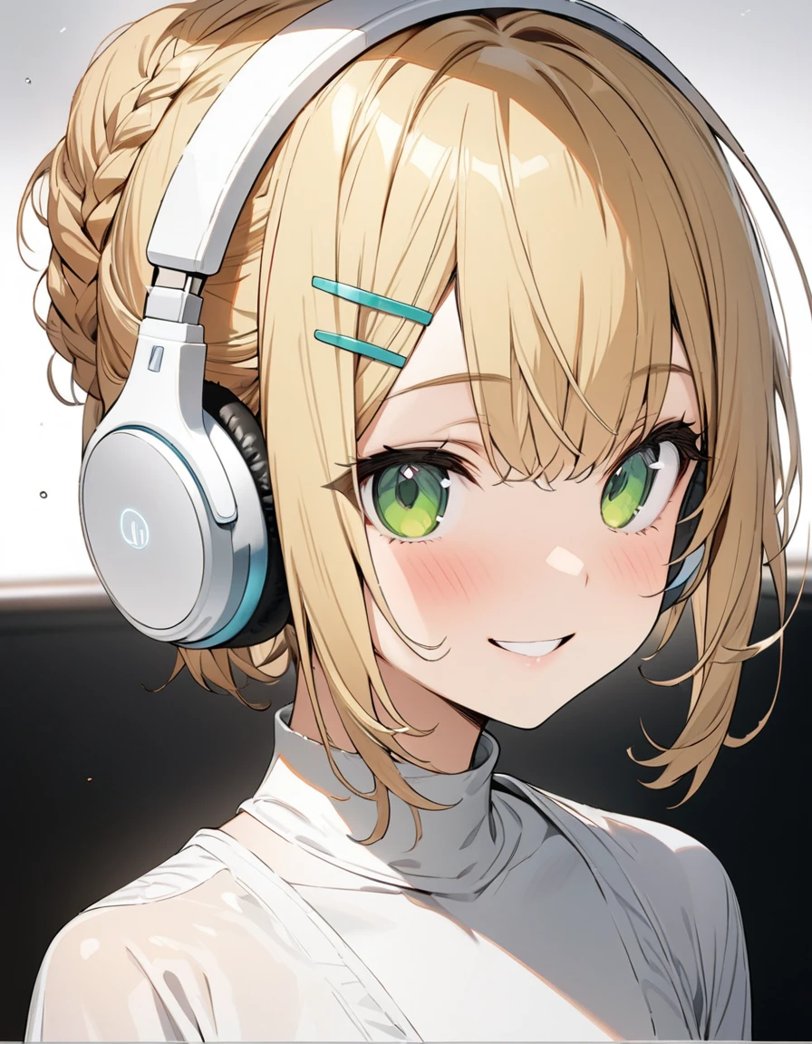 ((ultra-detailed)))/(one women blonde short hair and bob hair、a braid, I tied my hair in a bun with a hair clip..、beautiful green eyes、smile、gentle smile on her face、flat chest, one Beautiful girl,((masterpiece, illustration, best quality) ((ultra-detailed))) /solid white background,blank background, while wearing wireless white headphones, full upper body