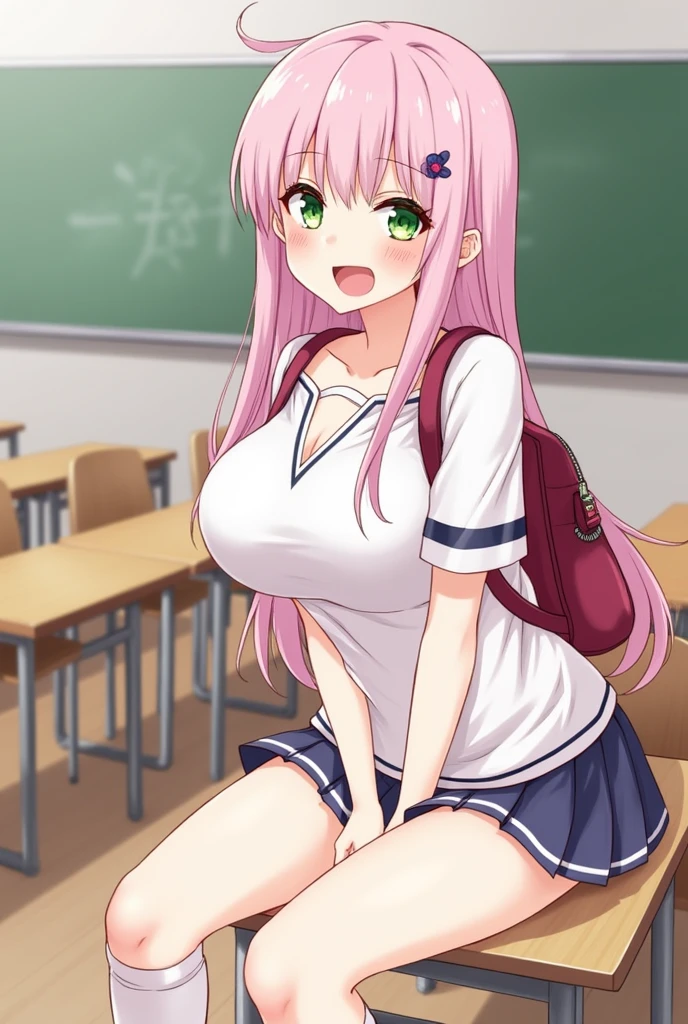 Sakura Miko, 1 girl, solo, long hair, large breasts, (huge breasts: 1.8), staring at viewer, blushing, smiling, open mouth, skirt, shirt, hair accessory, knee socks, school uniform, green eyes, pink hair, ahoge, thighs, fangs, indoors, miniskirt, bag, white knee socks, see-through, V-shaped, bell, backpack, single knee socks, skin fangs, desk, alternating breast sizes, hair bell, classroom, school bag, blackboard, cherry blossom print