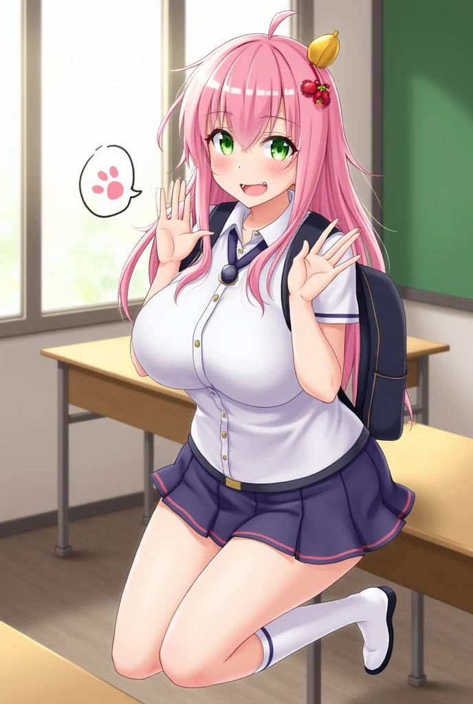 Sakura Miko, 1 girl, solo, long hair, large breasts, (huge breasts: 1.8), staring at viewer, blushing, smiling, open mouth, skirt, shirt, hair accessory, knee socks, school uniform, green eyes, pink hair, ahoge, thighs, fangs, indoors, miniskirt, bag, white knee socks, see-through, V-shaped, bell, backpack, single knee socks, skin fangs, desk, alternating breast sizes, hair bell, classroom, school bag, blackboard, cherry blossom print