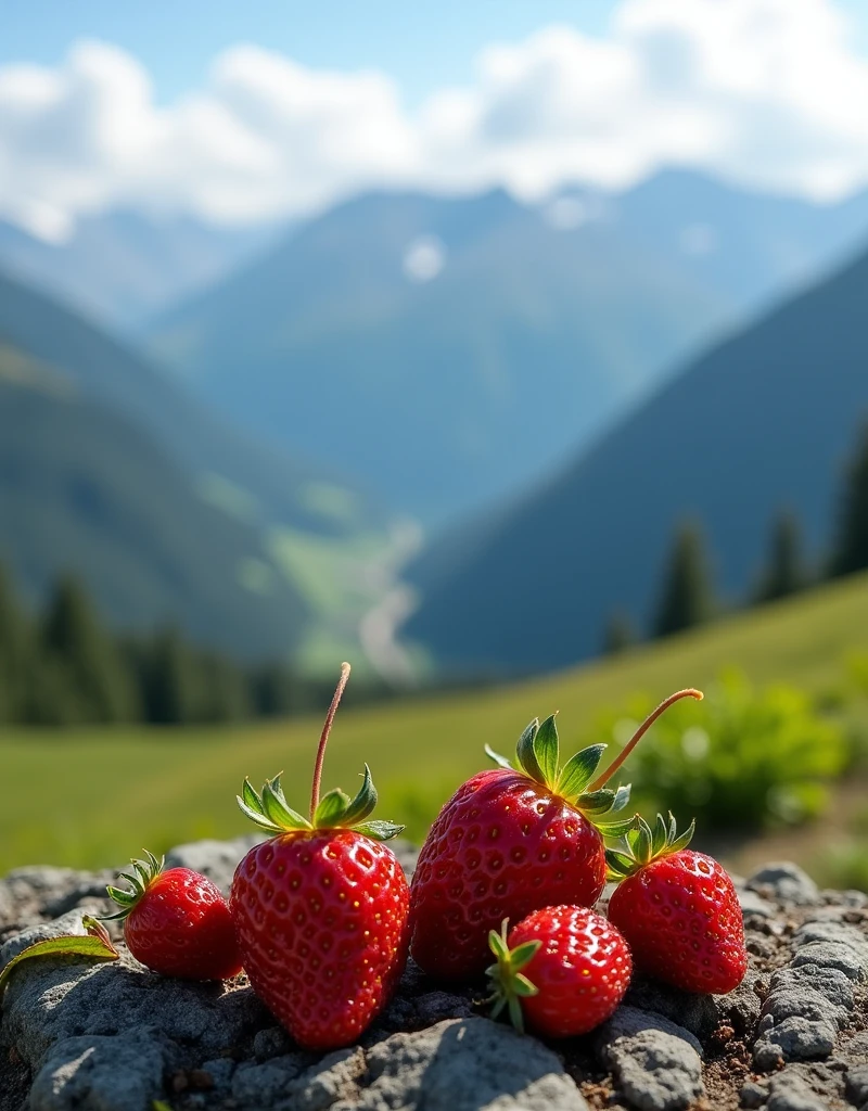 small strawberries on the top of the plateau overlooking the amazing mountains