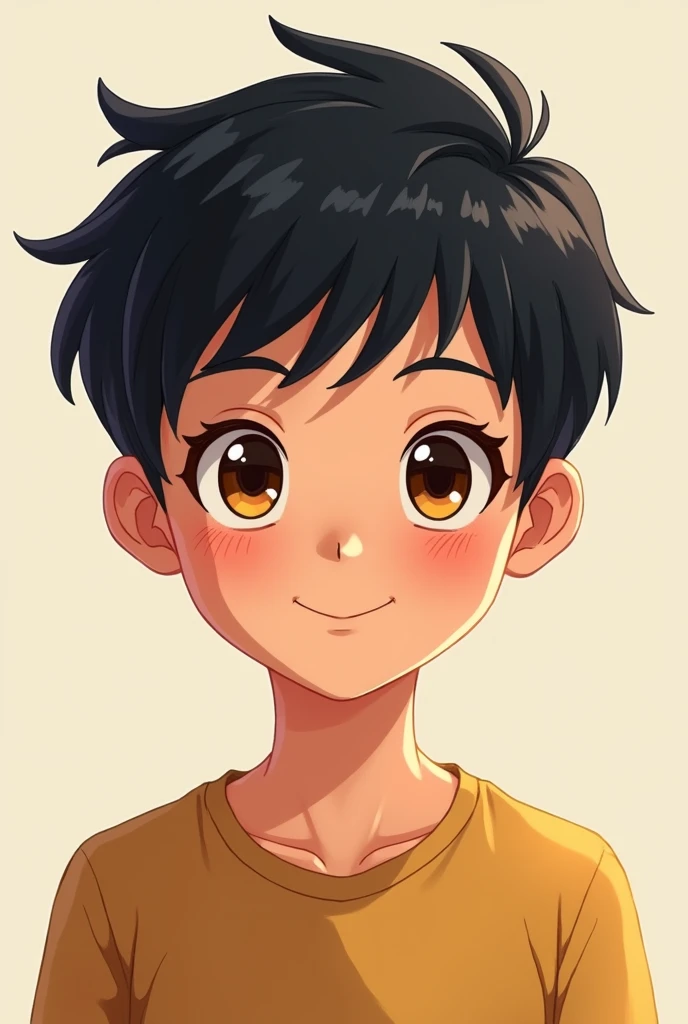  boy with hazel eyes and very short black hair 1 cm long