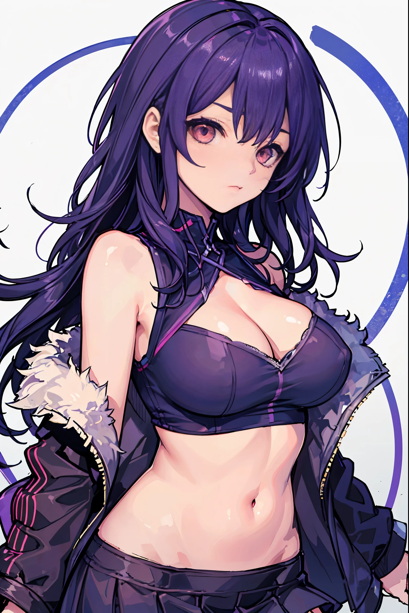 1girl, white background, red eyes, long hair, purple hair, bangs, crop top, bare shoulders, sleeveless, mini skirt, large breasts, cleavage, soft stomach