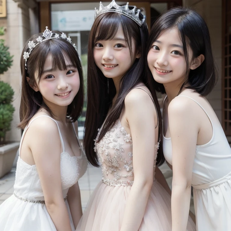 Three Princesses,White Dress,tiara,bangs,,smile