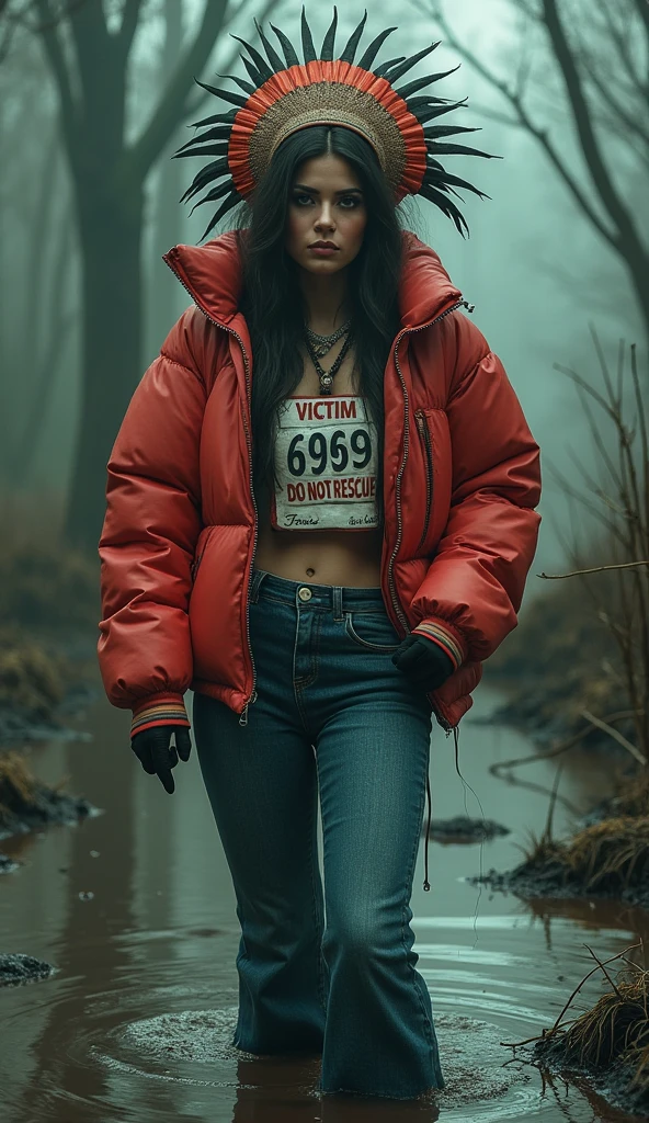 woman, sport down jacket,on the top of jacket: sport race bib "VICTIM 6969 DO NOT RESCUE", flared jeans, stuck in bog, headdress,makeup.collar only