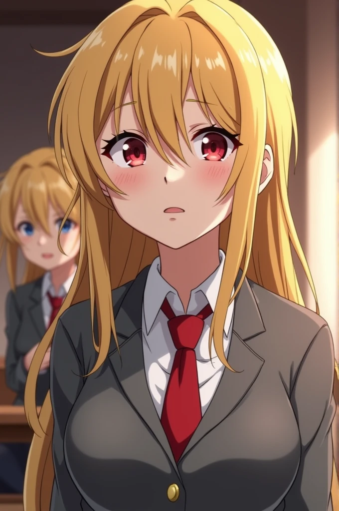 Screenshot of my hero academia girl is 160 tall with long disheveled blonde hair and red eye color with my hero academia uniform ( grey jacket and red tie )in the dining room of my hero academia with uraraka