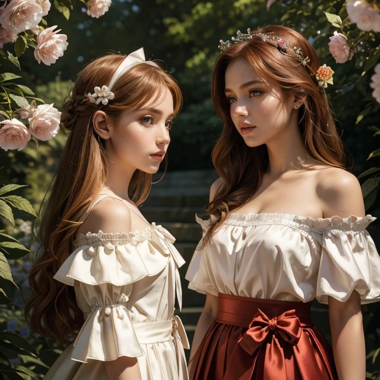 (masterpiece, best quality:1.5), highest quality, High resolution, super detailed, Realists, Upper body photo of a red-haired flower girl, detailed and beautiful eyes, beautiful detailed lips, very detailed eyes and face, longeyelashes, Young girl in a red skirt and white off-the-shoulder blouse made of shiny satin fabric, Beautiful and colorful makeup, elegant and noble々Pose,shiny satin headband, grind, Holding flowers, Gardens as background, soft daylight, bright colors, fine brushstrokes, Portrait style, Noble details in the dress fabric, beautiful color palette, glowing skin, First-class rendering, that captures every detail, enchanting atmosphere, subtle shadows and lights, (perfect anatomy:1.2), (The two stunning flower girls hold a long silver stick with a bow. Exchange glances. (magnificent panorama view:1.2)