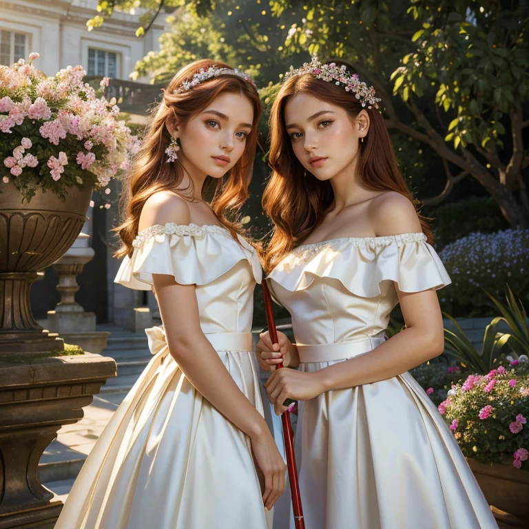 (​masterpiece, best quality:1.5), highest quality, High resolution, super detailed, Realists, Upper body photo of a red-haired flower girl, detailed and beautiful eyes, beautiful detailed lips, very detailed eyes and face, longeyelashes, Young girl in a red skirt and white off-the-shoulder blouse made of shiny satin fabric, Beautiful and colorful makeup, elegant and noble々Pose,shiny satin headband, grind, Holding flowers, Gardens as background, soft daylight, bright colors, fine brushstrokes, Portrait style, Noble details in the dress fabric, beautiful color palette, glowing skin, First-class rendering, that captures every detail, enchanting atmosphere, subtle shadows and lights, (perfect anatomy:1.2), (The two stunning flower girls hold a long silver stick with a bow. Exchange glances.  (magnificent panorama view:1.2)