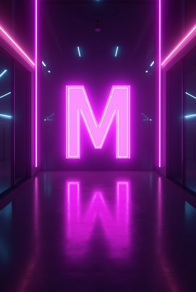 Purple Tech Futuristic Background with Vibrant Neon with a purple neon M on the center which is leaning