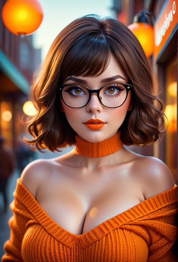 professional portrait, very beautiful smart sexy girl, Velma from scooby-doo,wearing eye glasses and an orange off-shoulder sweater top, gorgeous figure, interesting shapes, hyper realistic, ultra detailed photograph, wearing an orange off-shoulder slim sweater, huge breasts, chubby, ultra detailed gorgeous face, natural body posture, captured with a 85mm lens, bokeh, ultra detailed, ultra accurate detailed, bokeh lighting, surrealism, urban settings, ultra unreal engine, intricate, epic, super Clear facial details, 1970's style mood, dark eye makeup, in the style of jessica drossin, dima dmitriev, life-size figures, , vibrant color grading, shallow depth of field, 32K resolution ultra HD. Carl Zeiss lens. Leica camera photo.