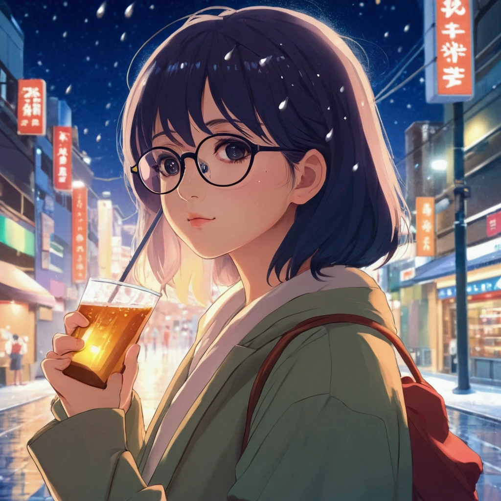 Anime girl with glasses holding an umbrella on a city street, Portrait of Rofi, LOFI Girl, Anime Moe Art Style, Cute girl anime visuals, Lofi Artstyle, Anime Style 4k, Gweiz-style artwork, Anime girl getting rained on, Lofi Art, Digital anime illustration, Atei Gailan 8K、