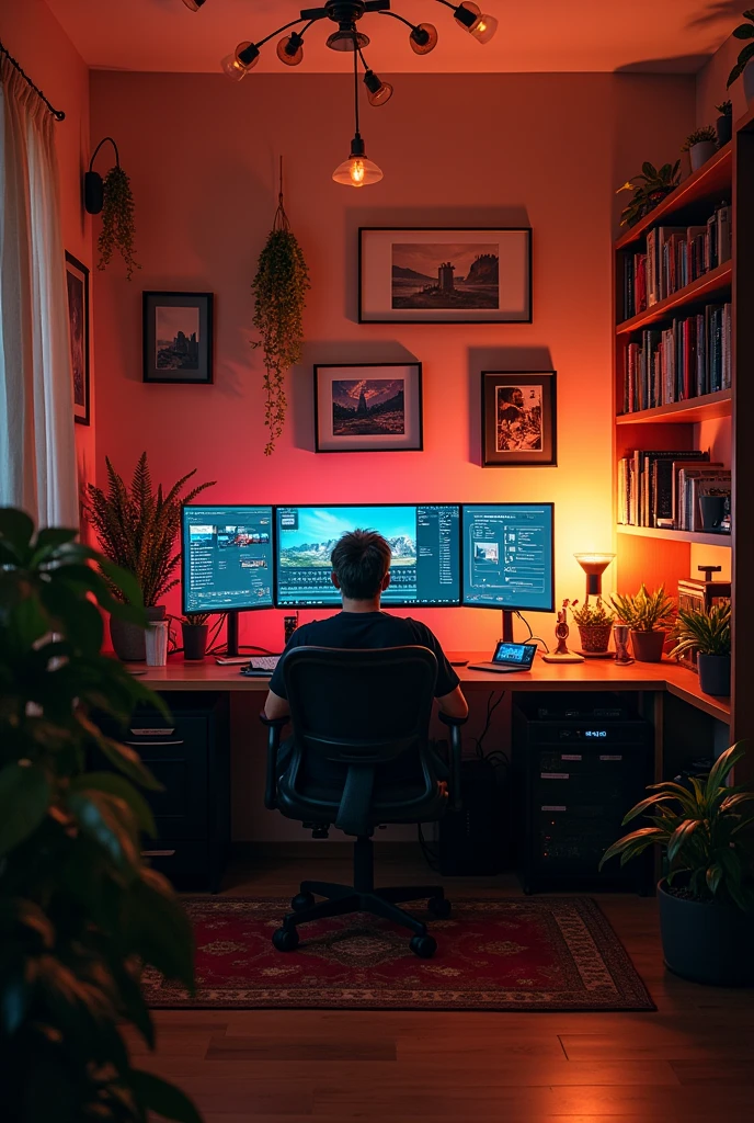 A room of content creator have a editing pc with book sleves and hanging wall crafts have a cinematic light