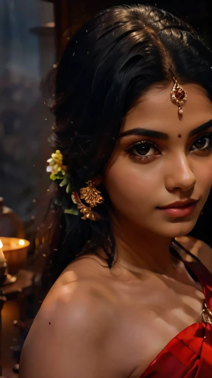 a beautiful indian woman in traditional saree, detailed face, long eyelashes, beautiful eyes, delicate features, intricate saree design, colorful traditional jewelry, soft lighting, cinematic composition, highly detailed, photorealistic, 8k, masterpiece