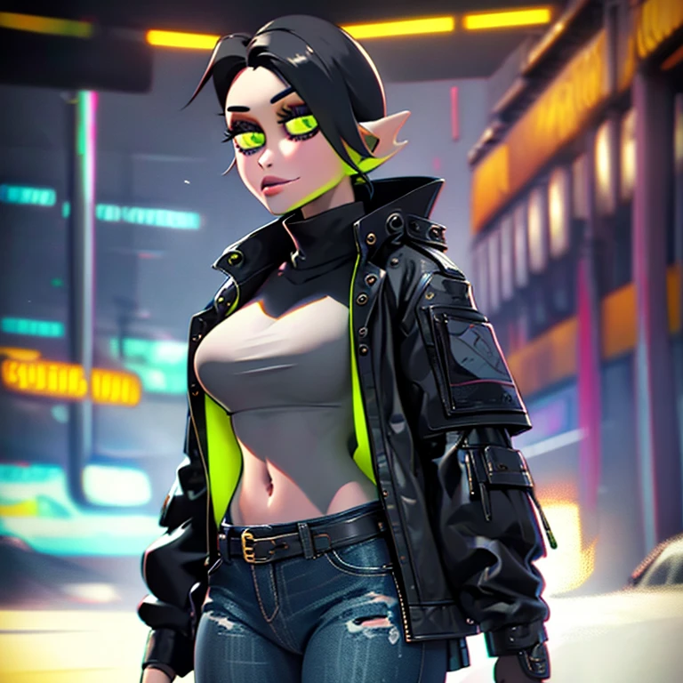 goth girl, black hair, Green eyes, a Black shirt with green diamonds, and jeans, and a plaid jacket around her waist,