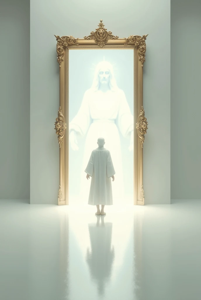 An empty white room filled with light, there is only a mirror with a gold frame and a person walking to this mirror and in the reflection is Jesus Christ