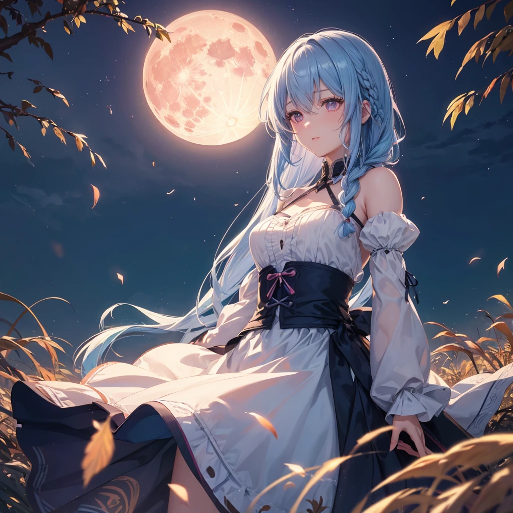 (Braiding),(Sky blue hair), (Pink eyes),(Fair skin) ,(whole body),(One Girl),(harvest moon),(A large amount of Miscanthus sinensis in the background),autumn,(full moon),(masterpiece, Highest quality, Very detailed, Best Shadow), (Detailed Background), (Beautifully detailed face), High Contrast, (Best lighting, Very delicate and beautiful), ((Cinematic Light)), Hyper Detail,8k, Dramatic Light, Intricate details