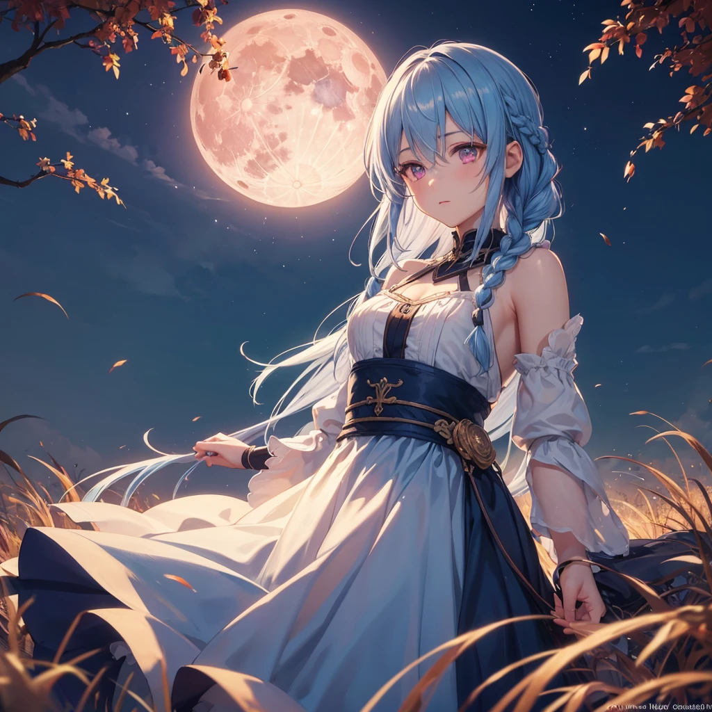 (Braiding),(Sky blue hair), (Pink eyes),(Fair skin) ,(whole body),(One Girl),(harvest moon),(A large amount of Miscanthus sinensis in the background),autumn,(full moon),(masterpiece, Highest quality, Very detailed, Best Shadow), (Detailed Background), (Beautifully detailed face), High Contrast, (Best lighting, Very delicate and beautiful), ((Cinematic Light)), Hyper Detail,8k, Dramatic Light, Intricate details