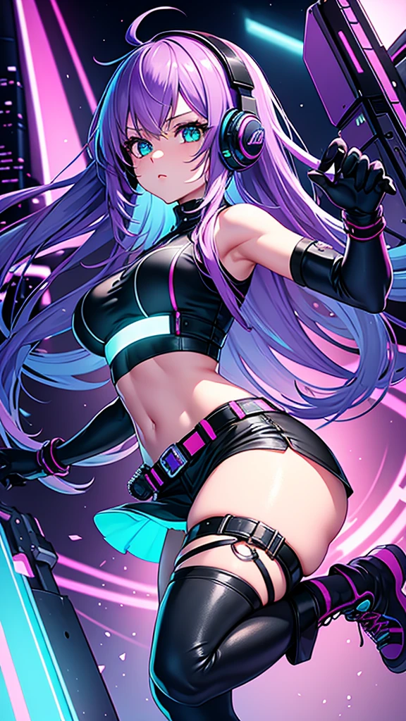 Create a sketch of a female anime adult character in a T-pose in a gamer style. The character is a young girl with long, bright hair, perhaps purple or blue in color. The eyes are large and expressive, with bright irises, for example, blue or green. Dressed in a stylish gaming outfit: a short top with technological elements, tight shorts or a mini skirt, and high boots. Complete the image with accessories in the form of headphones with a microphone, gloves with neon inserts and, possibly, a game controller hanging from a belt. The overall style of clothing and accessories should resemble cyberpunk or futuristic style. The character is in a T-pose with arms and legs spread apart at shoulder width, ready for subsequent animation.
