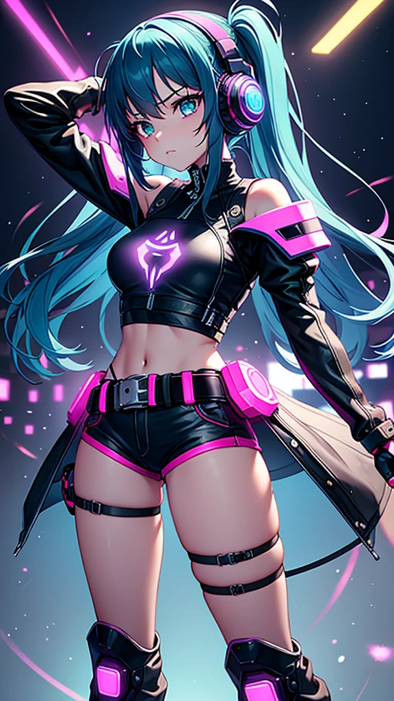 Create a sketch of a female anime adult character in a T-pose in a gamer style. The character is a young girl with long, bright hair, perhaps purple or blue in color. The eyes are large and expressive, with bright irises, for example, blue or green. Dressed in a stylish gaming outfit: a short top with technological elements, tight shorts or a mini skirt, and high boots. Complete the image with accessories in the form of headphones with a microphone, gloves with neon inserts and, possibly, a game controller hanging from a belt. The overall style of clothing and accessories should resemble cyberpunk or futuristic style. The character is in a T-pose with arms and legs spread apart at shoulder width, ready for subsequent animation.