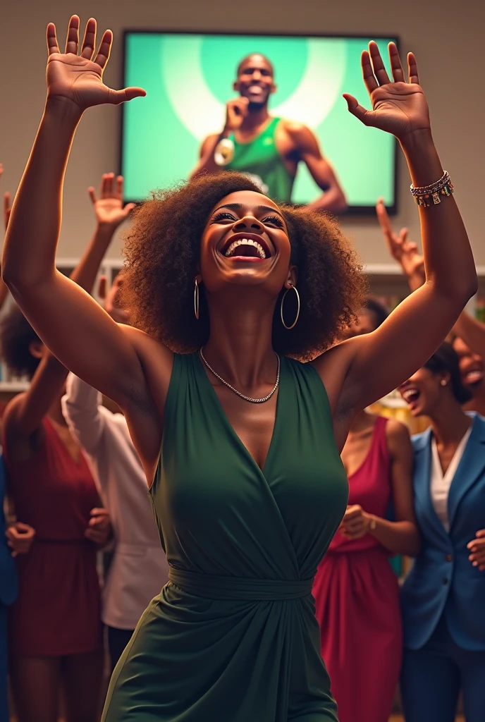 A photorealistic scene capturing the moment of triumph and camaraderie. A young African lawyer, elegantly dressed in a black suit and white camisole, beams with joy as she looks at laptop and waves her hands in the air in jubilation, surrounded by her excited colleagues who share in her excitement and tap her shoulders as a sign of congratulations. The setting is a bright, modern office or library, symbolizing success and achievement. In the background, a flat-screen TV shows Olympic bronze medalist Muzala Samukonga, another young African, proudly accepting his medal while draped in the Zambian flag colors of green, red, orange, and black. The image powerfully connects personal and national accomplishments, celebrating unity, pride, and success.